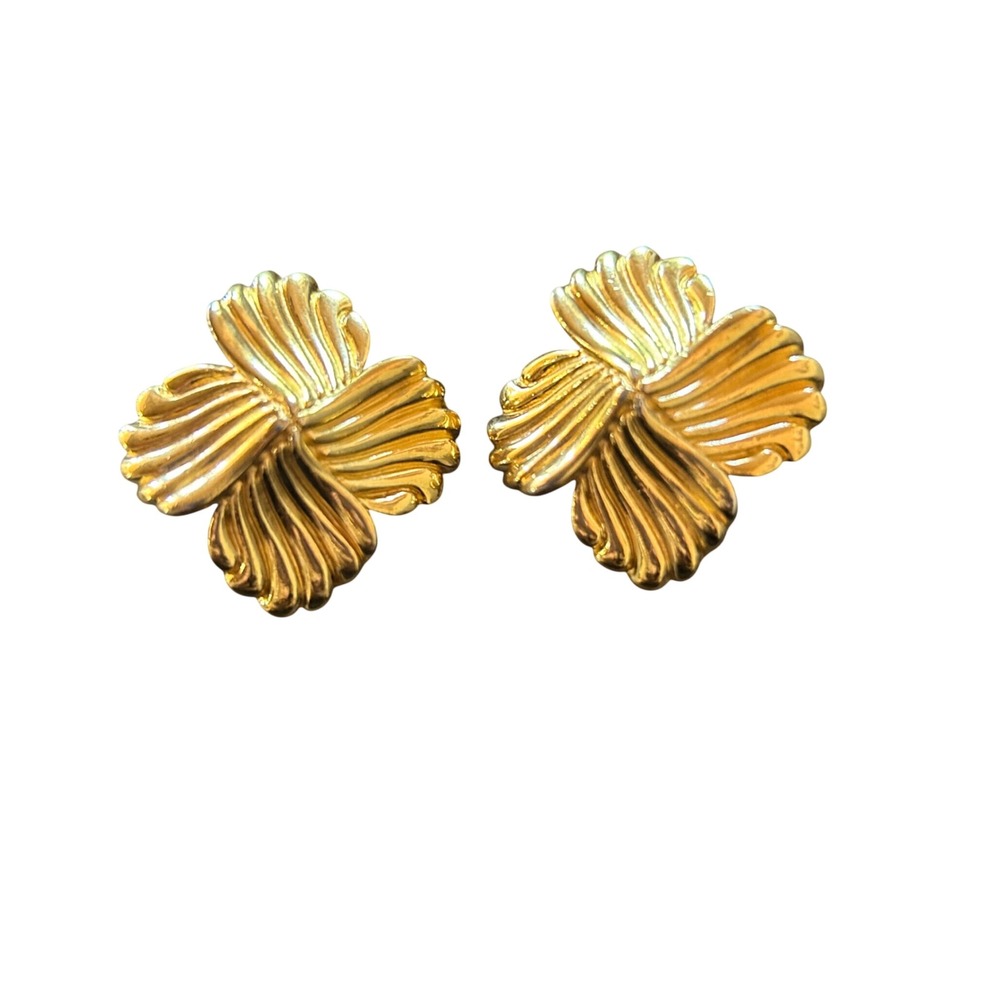 Givenchy Clip On Earrings Vintage Gold Ribbed Floral Scalloped Vintage Statement